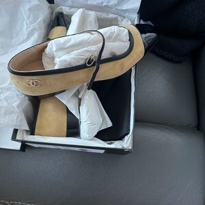 Chanel Beige and Black Mary Janes Flats